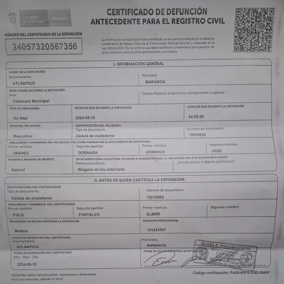 Certificado de defunción de José Domingo, quien, como se deja leer claro, habría fallecido por causas naturales | Investigación Forum News